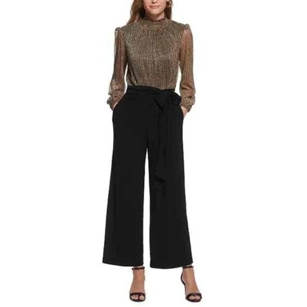 NWT Jessica Howard Black High-Waisted Belted Wide Leg Jump Suit Size Petite 12